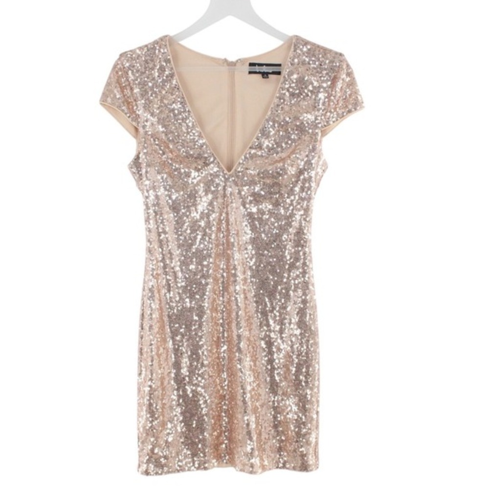 Lulus Mini Dress Rose Gold Sequin V-Neck Cap Sleeve Size S Rose Gold